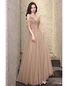 Champagne Beaded V-Neck Tulle Gown with Sheer Sleeves – Perfect for Weddings and Formal Occasions