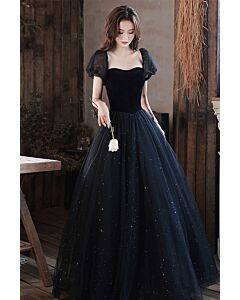Midnight Starry Black Velvet and Tulle Ball Gown with Puff Sleeves