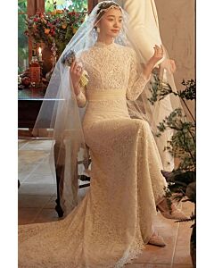 Lace Long-Sleeve A-Line Gown with Long Train for Wedding