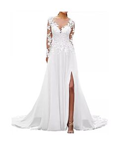 Lace Appliqué V-Neck Long Sleeve Gown with High Slit and Long Train for Formal Events