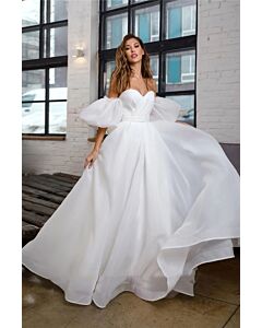 Off Shoulder Puff Sleeve A-Line Gown with Long Train for Formal Events