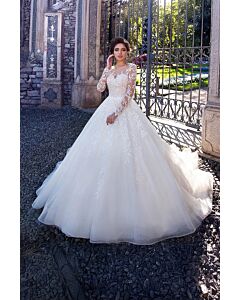 Sleeve Lace Ball Gown with Illusion Neckline and Long Train for Formal Events