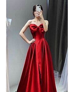 Scarlet Elegance Strapless Gown – Luxe Satin Dress with Statement Bow & High Slit