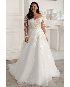 Long-Sleeve Lace Ball Gown with V-Neck and Full Skirt for Formal Events