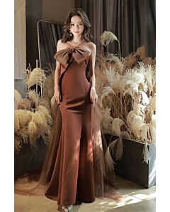 Chocolate Brown Strapless Gown with Tulle Bow – Perfect for Evening Soirées and Weddings