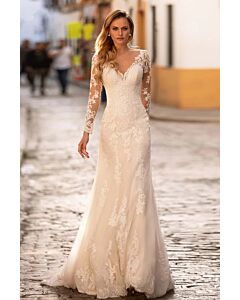 Long-Sleeve Lace Mermaid Gown with V-Neck and Long Train for Formal Events