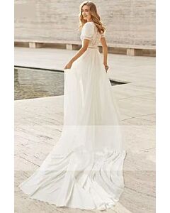 Lace Short-Sleeve A-Line Gown with Long Train for Formal Events