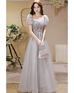 Elegant Light Grey Tulle Puff Sleeve Evening Gown with Lace Details – Perfect for Weddings and Formal Events