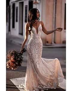 Deep V-Neck Lace Mermaid Gown with Long Train for Evening Events