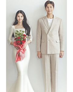 Ivory Square-Neck Satin Mermaid Gown with 3/4 Sleeves – Perfect for Weddings