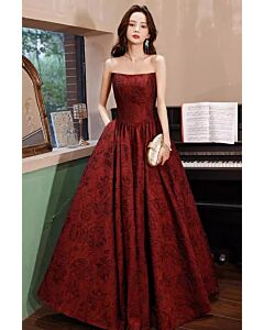 Burgundy Strapless Floral Evening Gown – Elegant and Classic Design