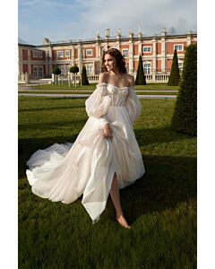 Lace Off-the-Shoulder High-Low Gown with Long Train for Evening Events