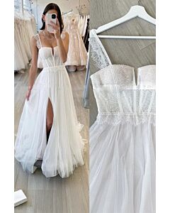 Lace V-Neck Tulle Gown with High Slit and Long Train for Formal Events