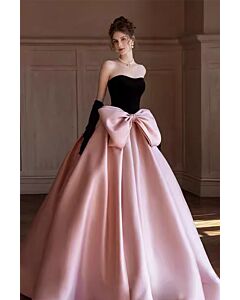 Chic Black and Pink Satin Ball Gown with Oversized Bow – Perfect for Formal Galas