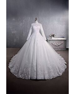 Neck Long Sleeve Lace Ball Gown with Long Train for Formal Events