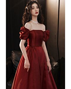 Regal Ruby Ball Gown – Elegant Square-Neck Puff Sleeve Dress for Formal Occasions