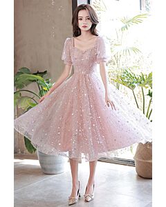 Pink Sequin Puff-Sleeve Party Dress – Elegant Midi for Special Occasions
