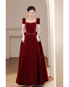 Burgundy Velvet Square Neck Gown with Puff Sleeves and Pleated Skirt – Perfect for Formal Events and Galas