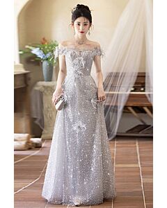 Silver Stardust – Off-Shoulder Sequin Gown with Feathered Accents