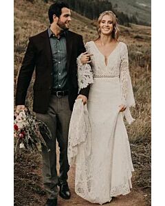 Bohemian V-Neck Lace Long-Sleeve Gown with Long Train for Evening Events