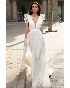 Deep V-Neck Ruffle Shoulder Maxi Dress with Long Train for Evening Events