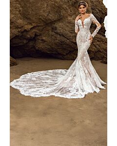 Long-Sleeve Lace Mermaid Gown with Deep V-Neck and Long Train for Formal Events