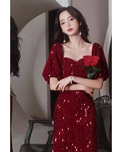 Crimson Sparkle Sequin Dress – Off-Shoulder Puff Sleeve Gown