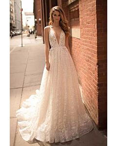 Lace Deep V-Neck Ball Gown with Long Train for Formal Events