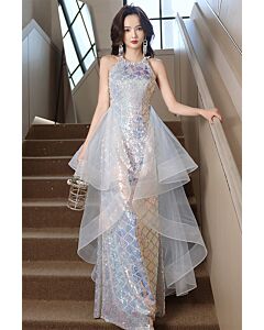 Iridescent Sequin Halter Gown with Layered Sheer Overlay – Perfect for Glamorous Evenings