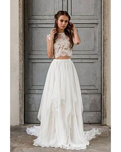 Lace Crop Top and Flowy Skirt Two-Piece Gown with Long Train for Formal Events