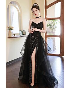 Black Sequin High Slit Gown with Tulle Overlay – Perfect for Evening Parties and Gala Events