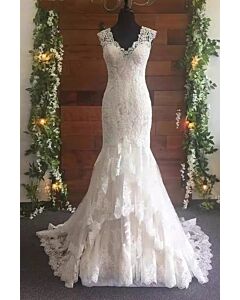 Lace V-Neck Mermaid Gown with Layered Skirt and Long Train for Formal Events