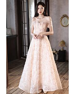 Blush Off-the-Shoulder Lace A-Line Gown – Perfect for Weddings and Formal Occasions