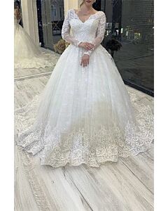 Lace Long Sleeve V-Neck Ball  with Long Train for Formal Events