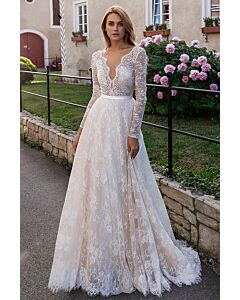 Lace Long-Sleeve V-Neck Ball Gown with  Train for Formal Events