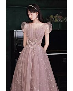 Fairy Dust Pink Evening Gown – Luxe Starry Tulle Dress with Beaded Details for Formal Events