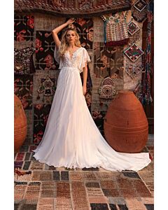 Bohemian V-Neck Lace Bodice Flowy Tulle Gown with Long Train for Evening Events