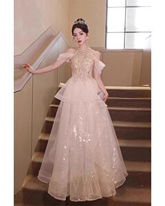 Champagne Halter Cold-Shoulder Tulle Gown with Glitter Layers – Perfect for Weddings and Galas