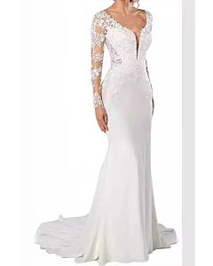 Lace Long-Sleeve Mermaid Gown with Deep V-Neck and Long Train for Formal Events