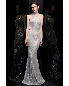 Silver Keyhole Halter Sequin Mermaid Gown – Perfect for Red-Carpet Events and Evening Galas