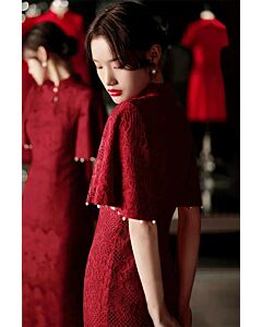 Crimson Lace Bell-Sleeve Cheongsam with Pearl Trim – Perfect for Weddings and Traditional Occasions