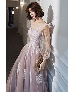 Lavender Lace and Tulle Gown with Pearl Accents – Elegant Evening Dress