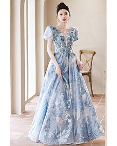 Sky Blue Puff-Sleeve Embroidered Ball Gown – Perfect for Weddings and Galas
