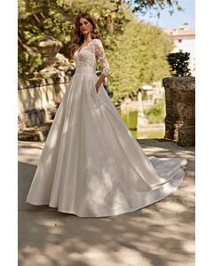 V-Neck Lace-Sleeve Flowy Satin Gown with Long Train for Formal Events