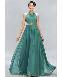 High-Neck Embellished Waist Chiffon Gown with Long Train for Formal Events