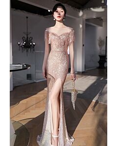 Glistening Rose Gold Sequin Gown with Fringed Shoulder Details and Elegant Side Slit – Perfect for Evening Glamour