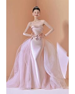 Blush Pink Strapless Gown with Bow and Tulle Overlay – Perfect for Weddings and Formal Events