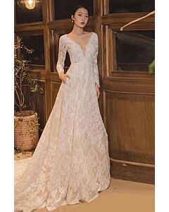 Sleeve V-Neck Lace Ball Gown with Long Train for Formal Events