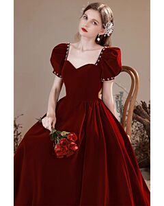 Crimson Velvet Royal Gown – Puff Sleeves & Pearl Embellishments