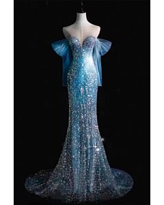 Sparkling Blue Mermaid Gown with Sheer Capelet Sleeves for Glamorous Events